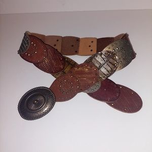 Fossil Multi-Panel Studded Leather Belt in Brown and Bronze Tones